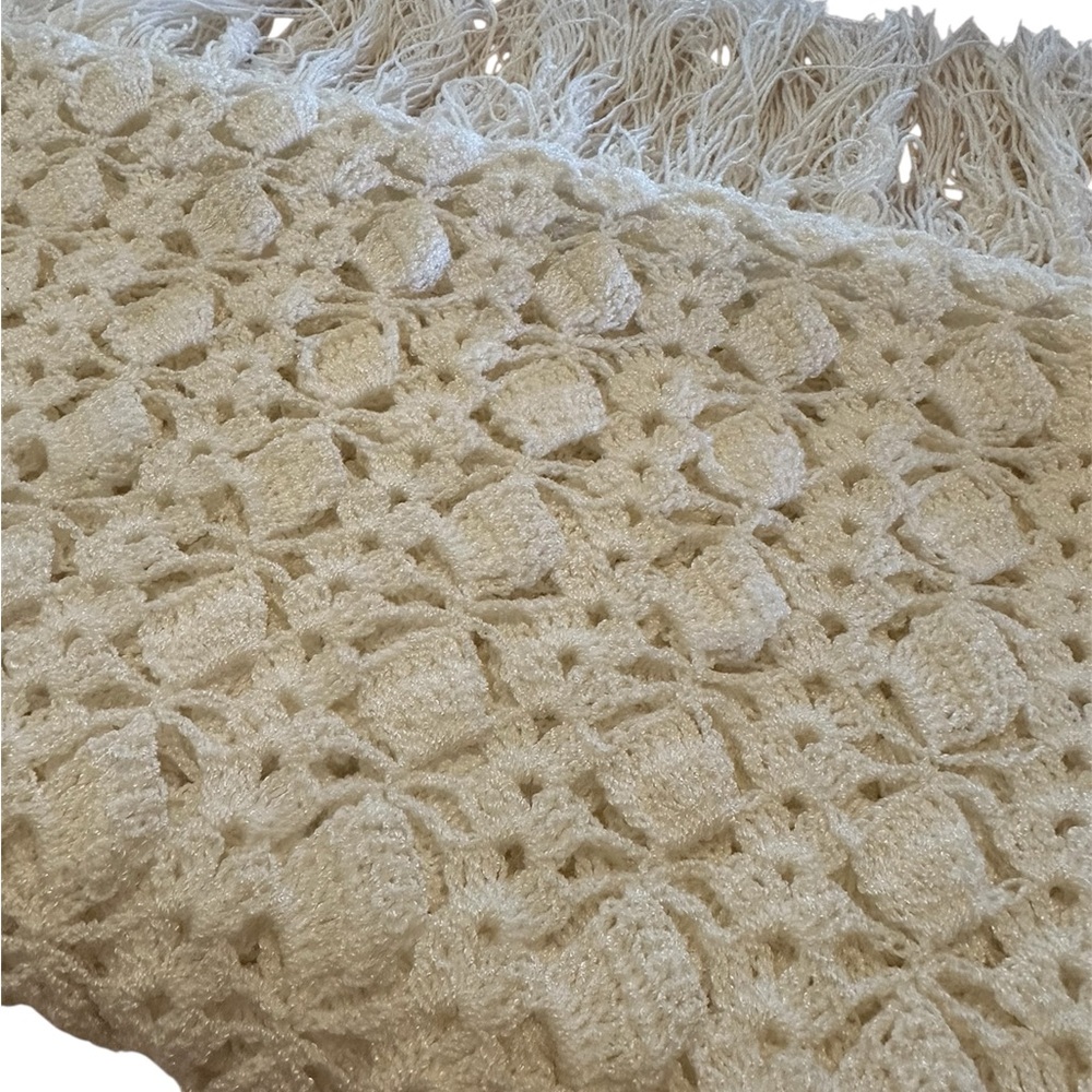 Boho Crochet Fringe Shawl Ivory Cottage Lace Wrap Scarf